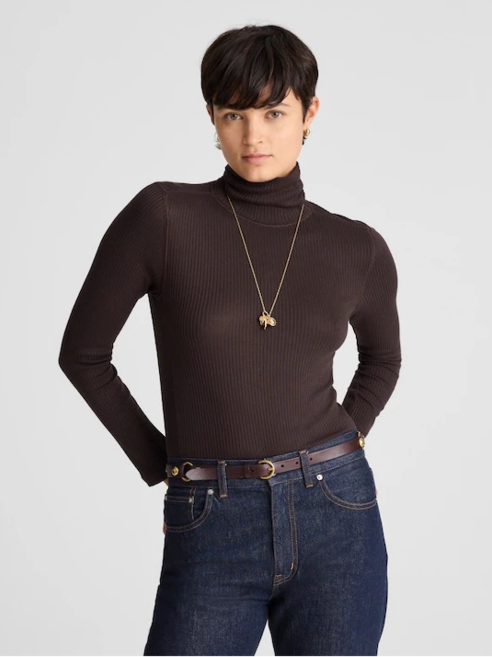 NWT Madewell Ribbed Turtleneck Long Sleeve Tee Shirt - Molasses Brown Medium